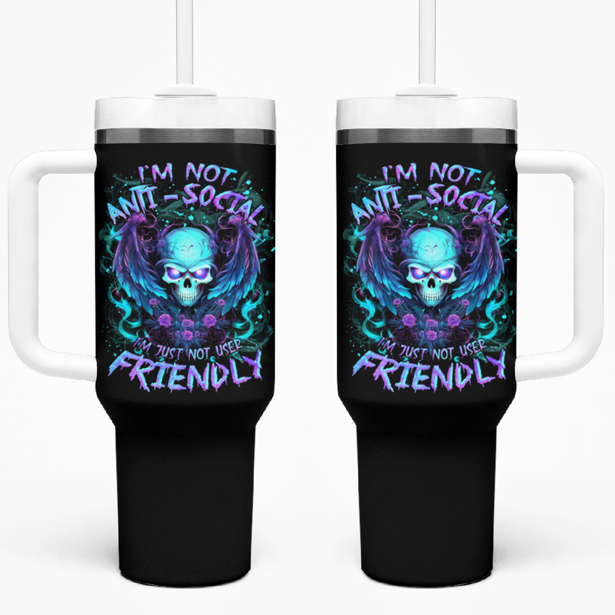 Angel Skull Tumbler With Handle I'm Not Anti-Social I'm Just Not User Friendly