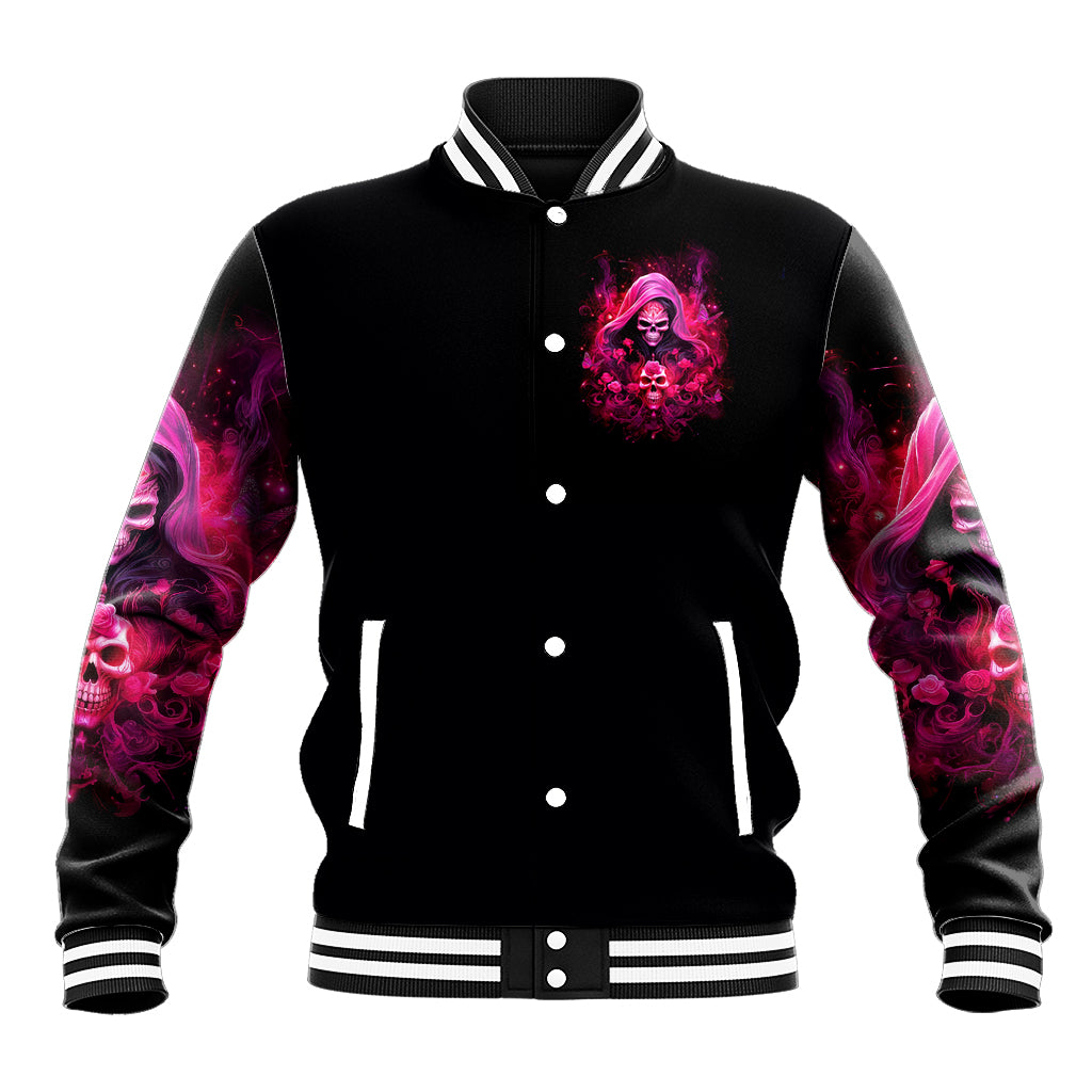 Black baseball jacket with varsity striped collar and pink skull chest graphic