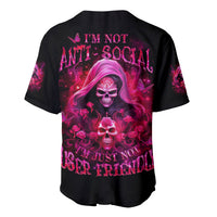 Black baseball jersey with pink witch skull front graphic and short sleeves