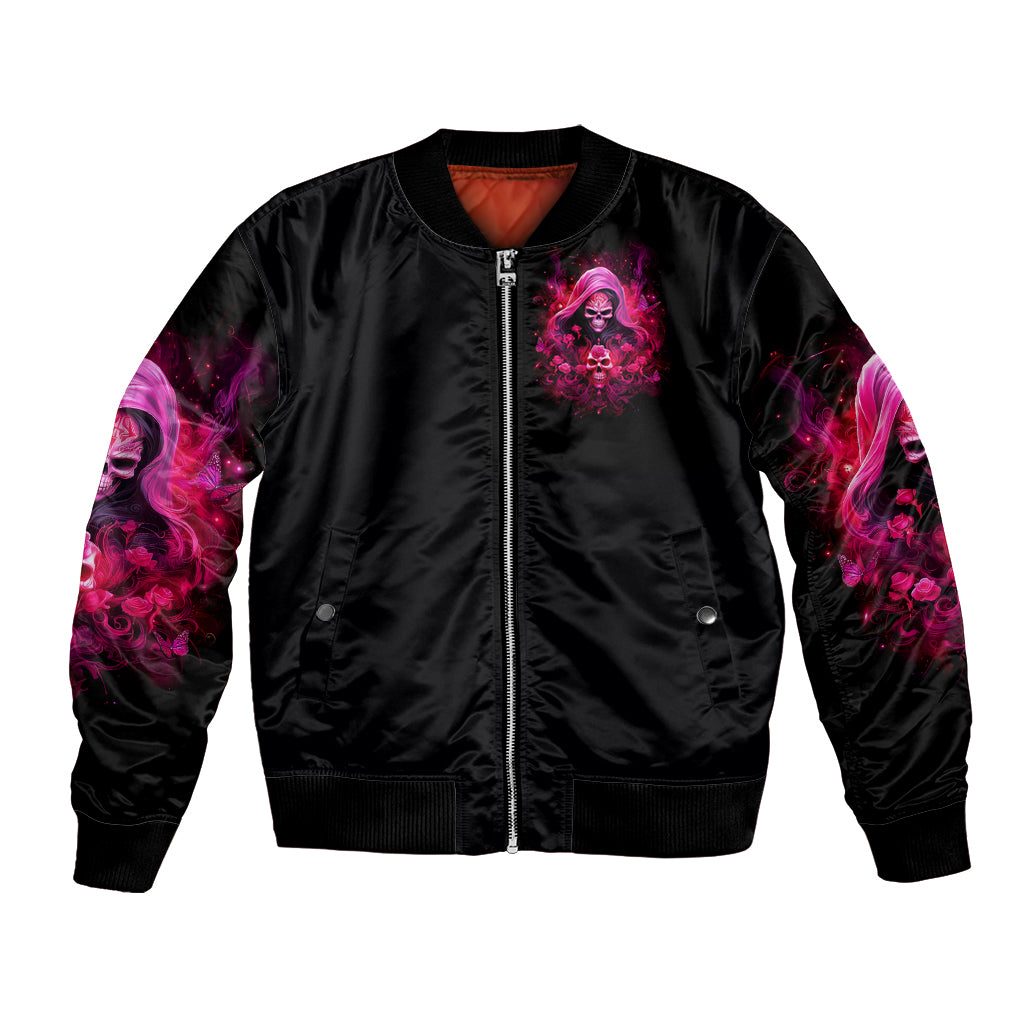 Black bomber jacket with pink witch skull graphic, front zipper and ribbed waistband