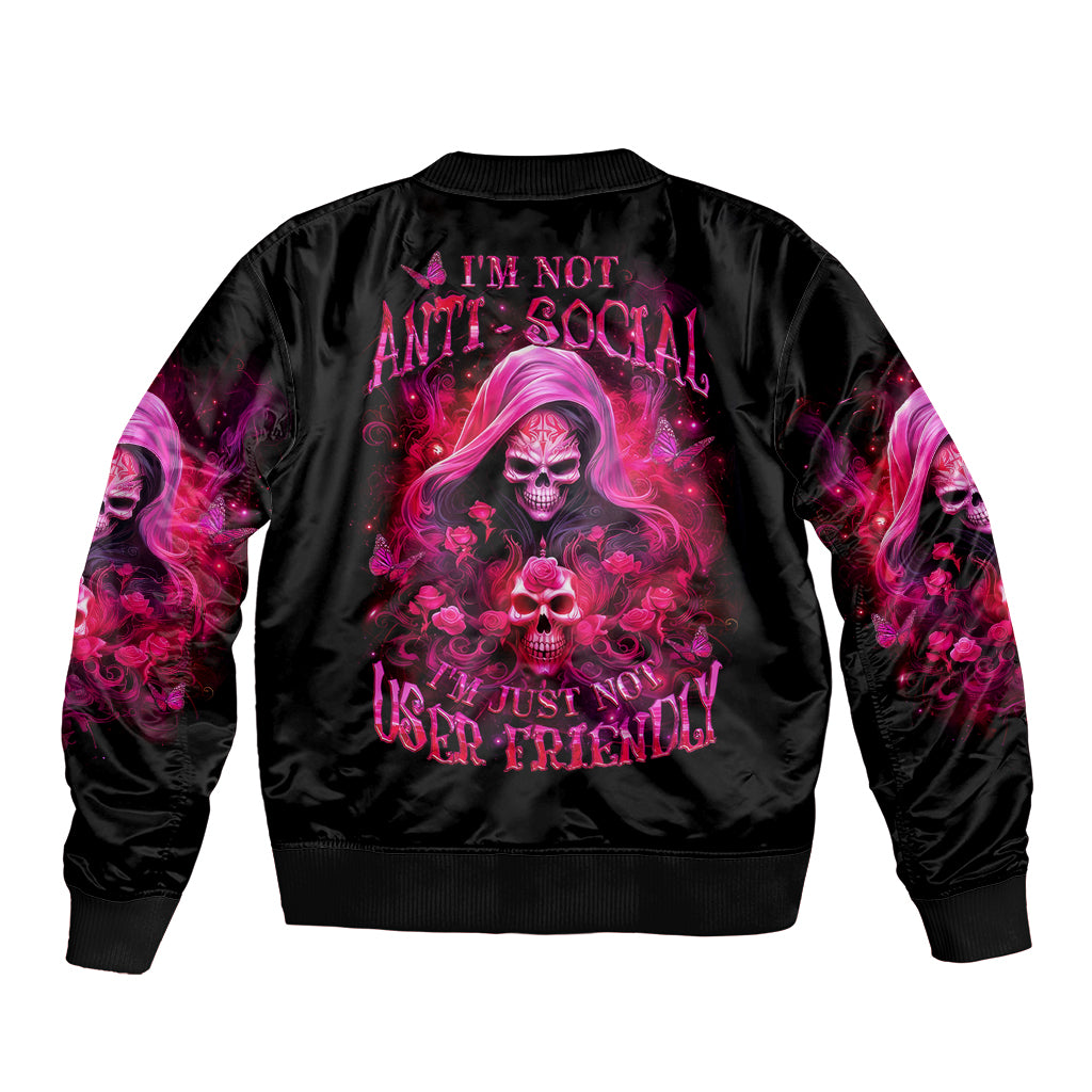 Black bomber jacket with pink witch skull graphic, ribbed collar and cuffs (back view)