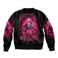 Black bomber jacket with pink witch skull graphic, ribbed collar and cuffs (back view)