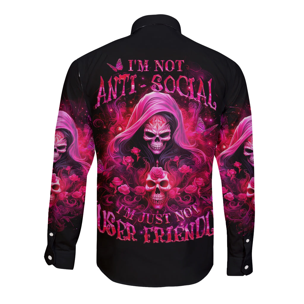 Witch Skull Long Sleeve Button Shirt I'm Not Anti-Social I'm Just Not User Friendly - Wonder Print Shop