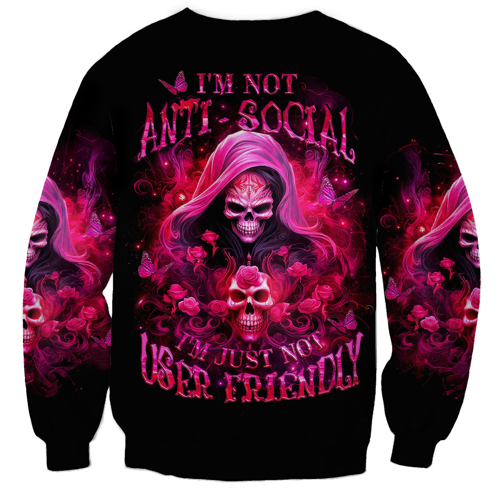 Black unisex sweatshirt with witch skull graphic and magenta skull text across front