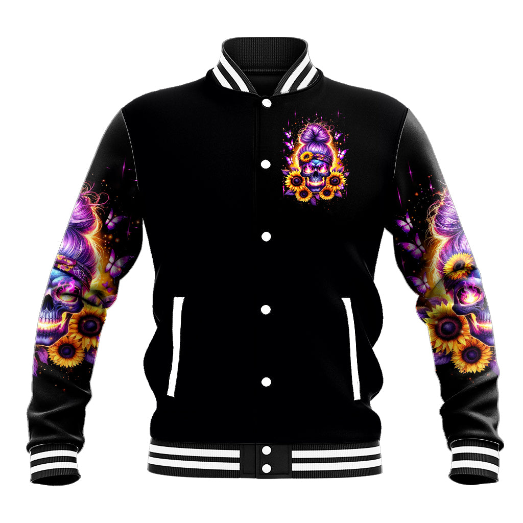 Black baseball jacket, striped rib collar and cuffs, colorful skull sunflower patch on chest