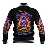 Black baseball jacket with striped rib collar, colorful skull sunflower graphic on back