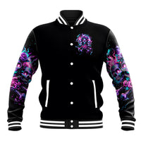 Black baseball jacket with purple skull chest patch, striped collar, button front