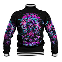 Black baseball jacket with purple floral skull back graphic and striped ribbed collar
