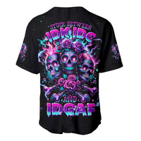 Black baseball jersey, back print with purple skull, roses, and graphic text