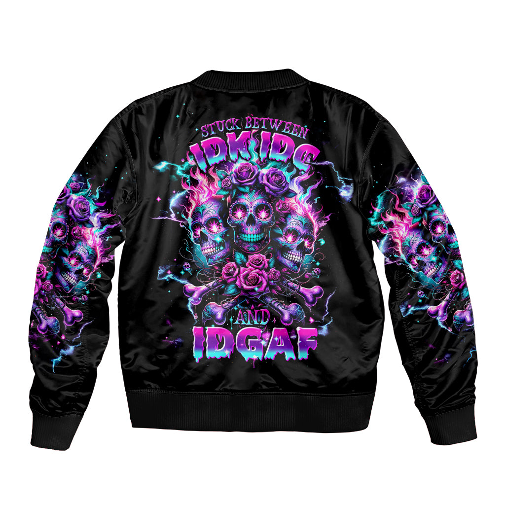 Black unisex bomber jacket with purple neon skull and flower graphic on back