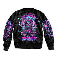 Black unisex bomber jacket with purple neon skull and flower graphic on back
