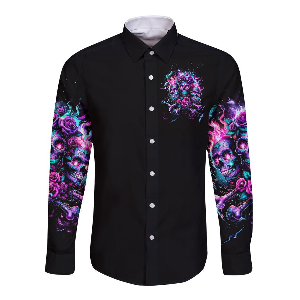Black long-sleeve button shirt, front skull-and-rose print and purple sleeve artwork