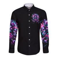 Black long-sleeve button shirt, front skull-and-rose print and purple sleeve artwork