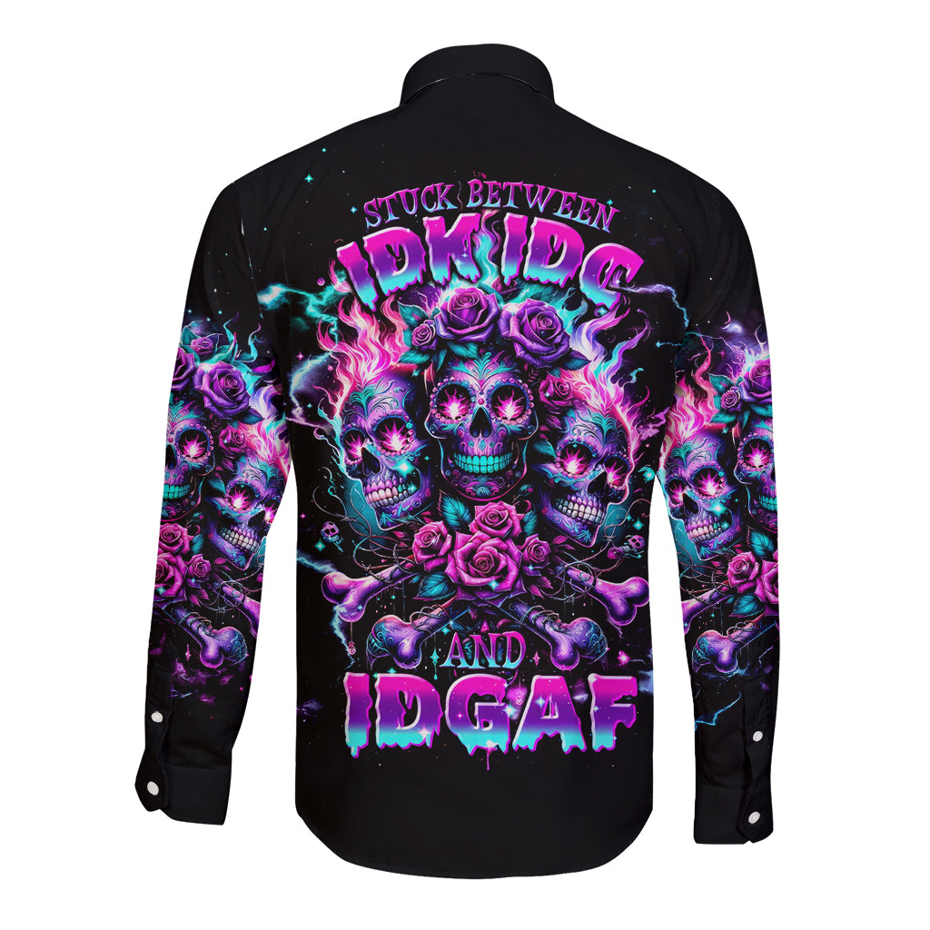 Black long-sleeve button shirt, back graphic with skulls, roses, and purple flames
