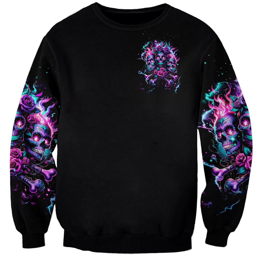 Black unisex sweatshirt with small neon skull front and flame rose sleeve print