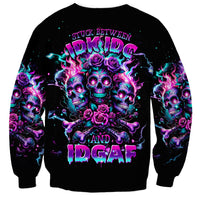 Black unisex sweatshirt with neon skull rose flames graphic and text