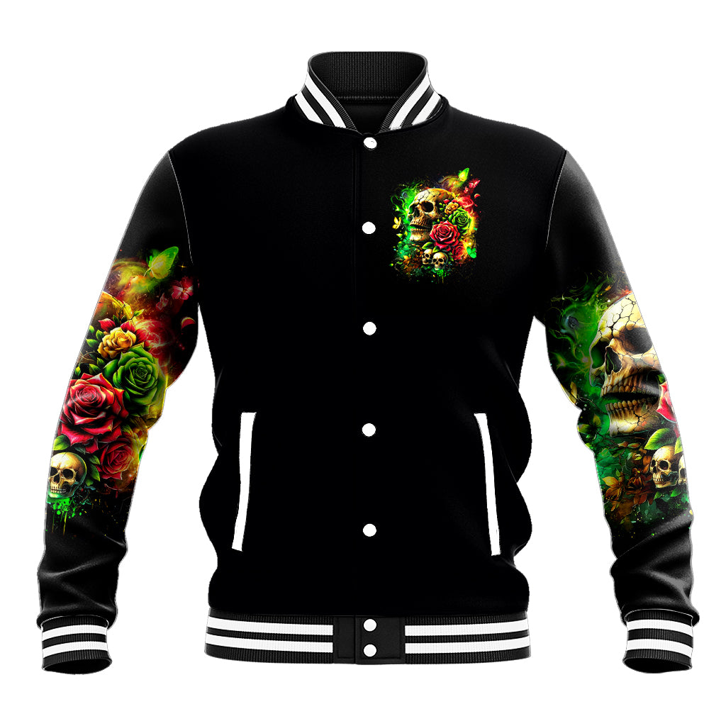 Black unisex baseball jacket, front buttons, small skull-and-rose chest graphic