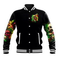 Black unisex baseball jacket, front buttons, small skull-and-rose chest graphic