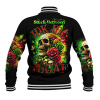 Black unisex baseball jacket, back graphic of skull and roses, striped ribbed trim
