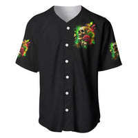 Black baseball jersey with V-neck buttons and small chest rose skull artwork