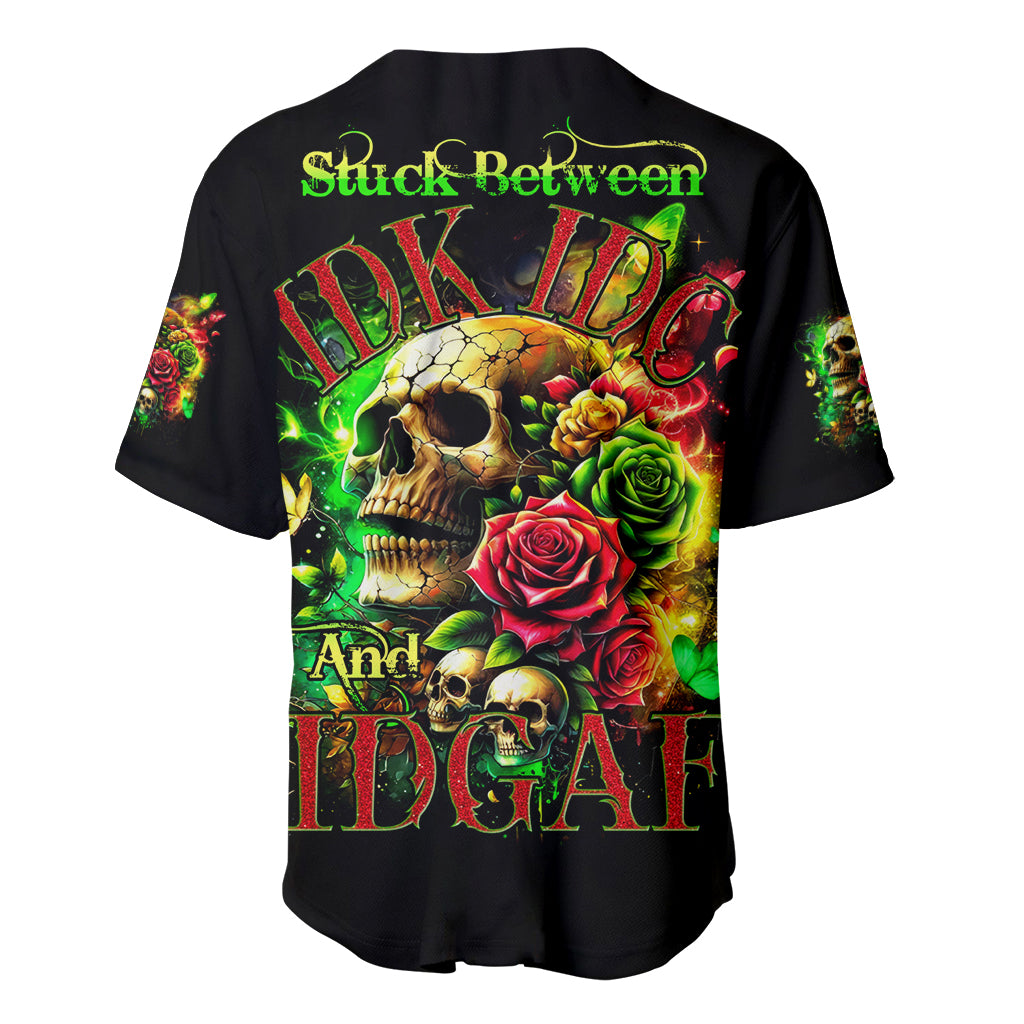 Black baseball jersey with large back rose skull graphic, short sleeves, button front