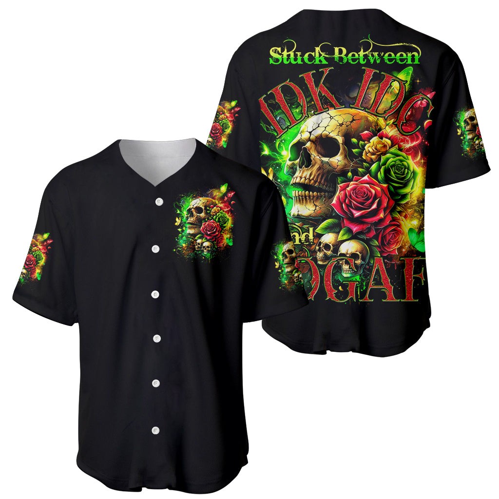 Black baseball jersey showing front and back rose skull graphics, short sleeves, buttons