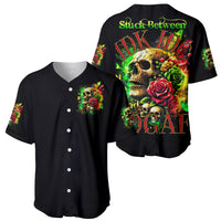 Black baseball jersey showing front and back rose skull graphics, short sleeves, buttons