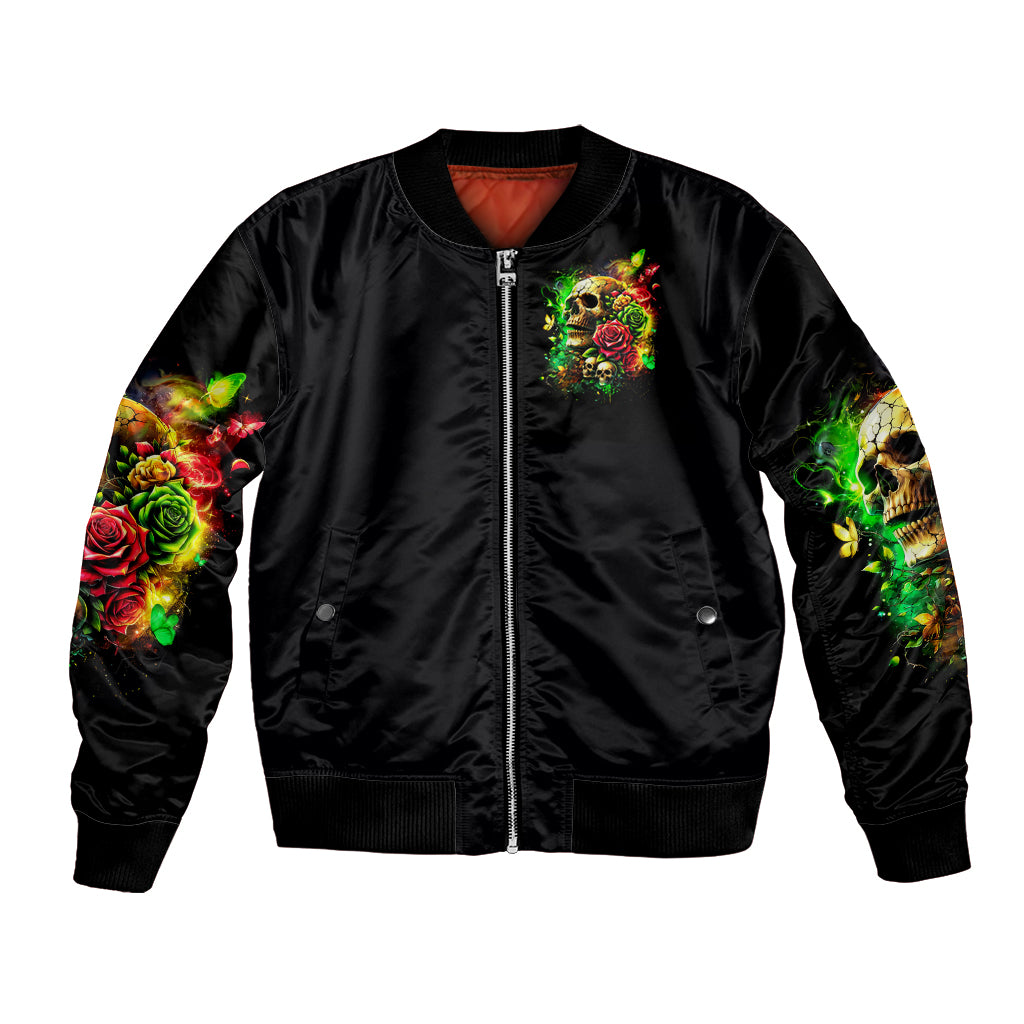 Black bomber jacket with front zipper, chest skull-and-rose graphic, ribbed hem