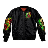 Black bomber jacket with front zipper, chest skull-and-rose graphic, ribbed hem