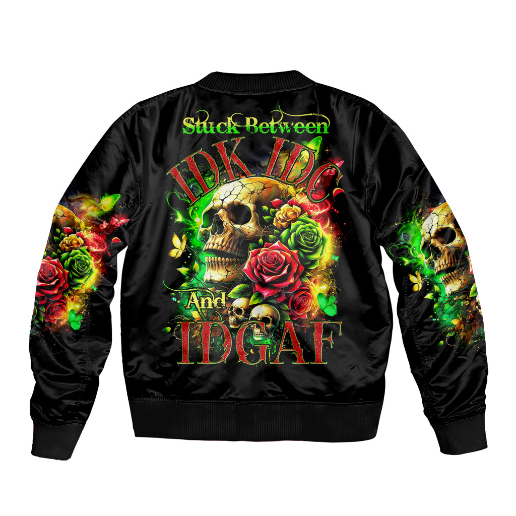 Black bomber jacket with large back skull-and-rose graphic, ribbed collar and cuffs