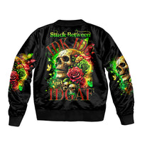 Black bomber jacket with large back skull-and-rose graphic, ribbed collar and cuffs