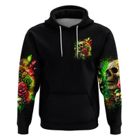 Black pullover hoodie front, small chest rose skull patch and drawstring hood.