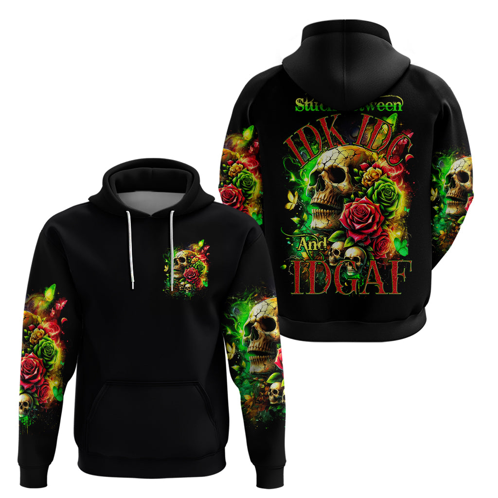 Black pullover hoodie shown front and back, rose skull art on chest and sleeves.