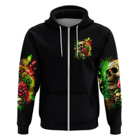 Black zip-up hoodie front, zipper down center; chest rose skull graphic and hood.
