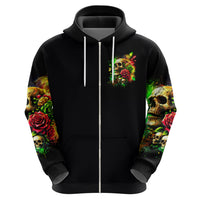 Black zip-up hoodie front, center zipper and rose skull chest graphic with hood.