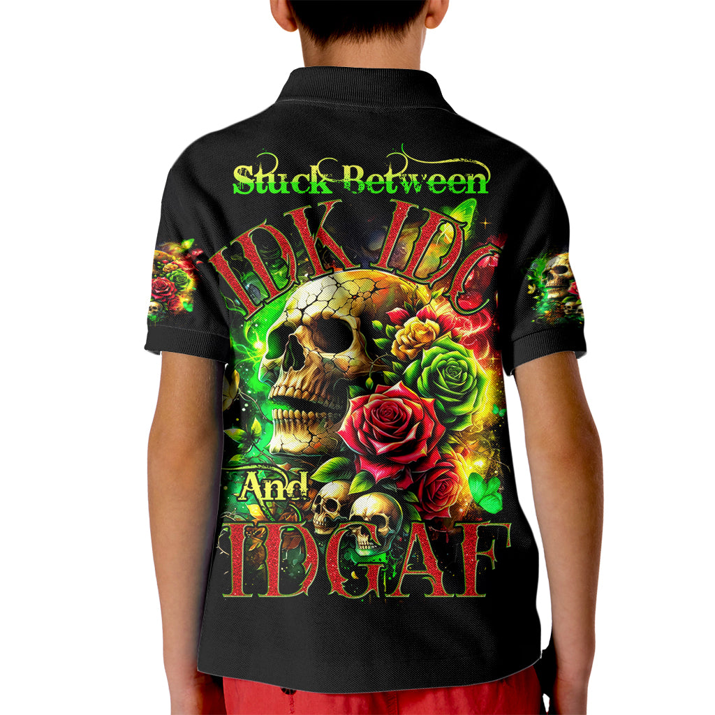 Rose Skull Kid Polo Shirt Stuck Between IDK IDC - Wonder Print Shop