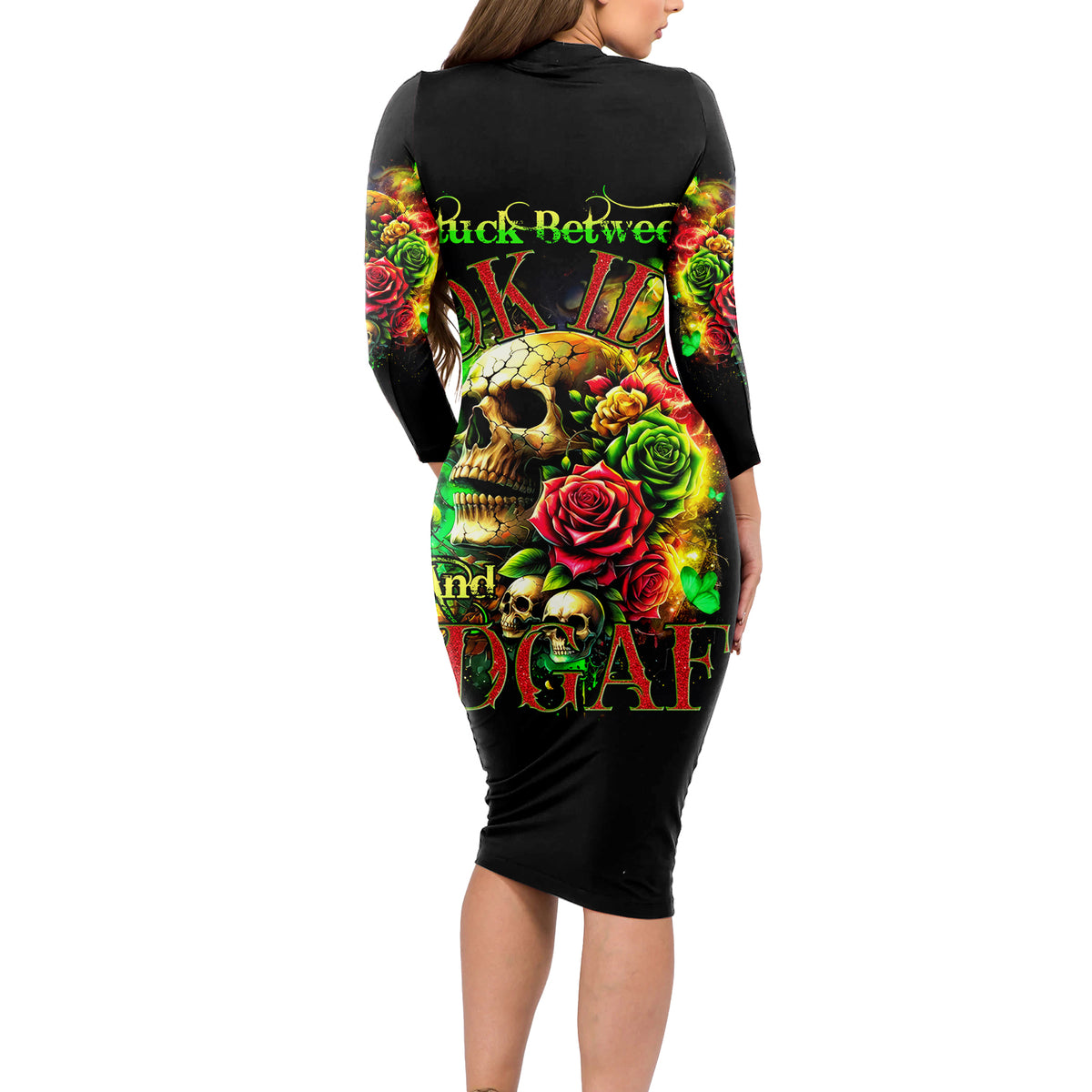 Black long-sleeve bodycon midi dress with colorful skull and rose graphic on back