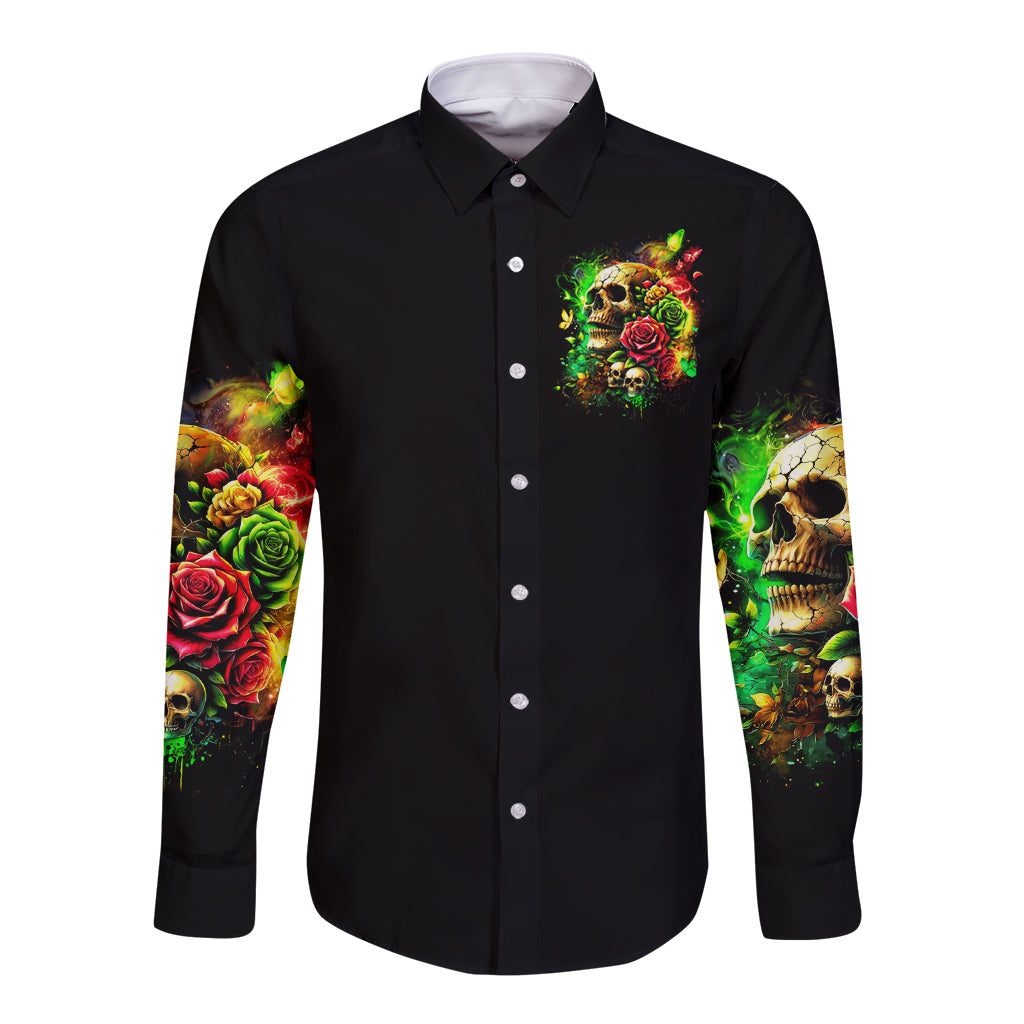 Black long-sleeve button shirt with skull and roses graphic on front and sleeves