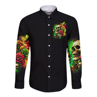 Black long-sleeve button shirt with skull and roses graphic on front and sleeves