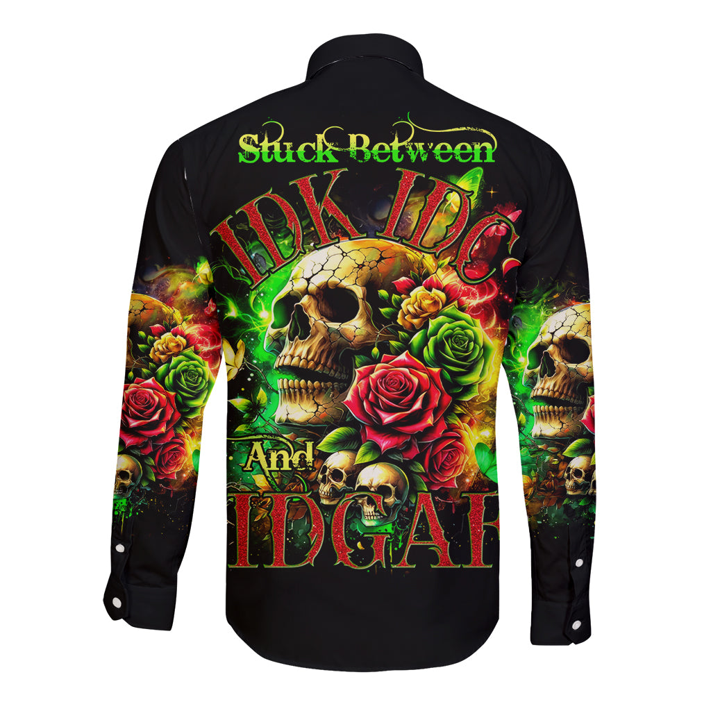 Rose Skull Long Sleeve Button Shirt Stuck Between IDK IDC - Wonder Print Shop