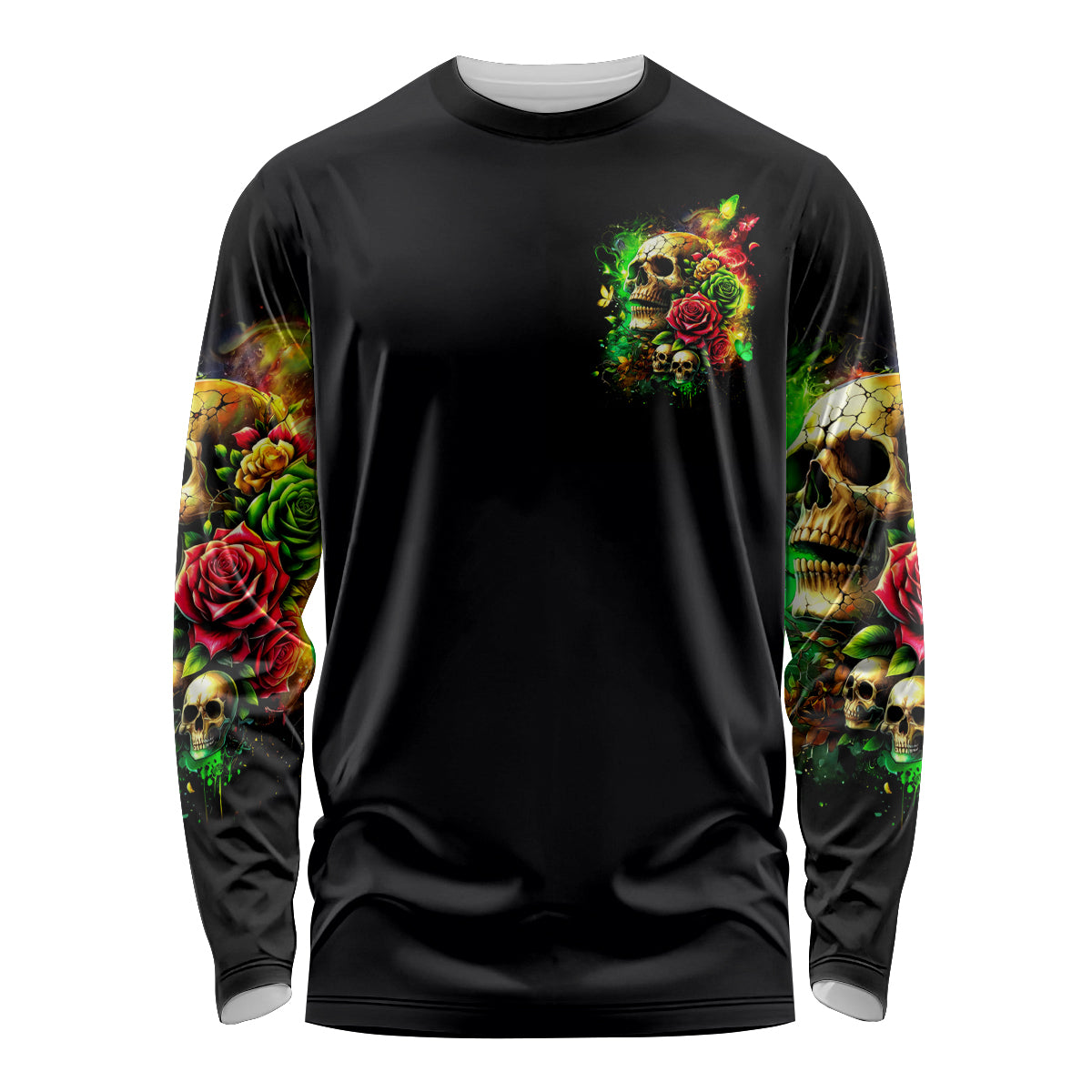 Black long-sleeve shirt with small chest skull-and-rose graphic; detailed skull roses sleeves.