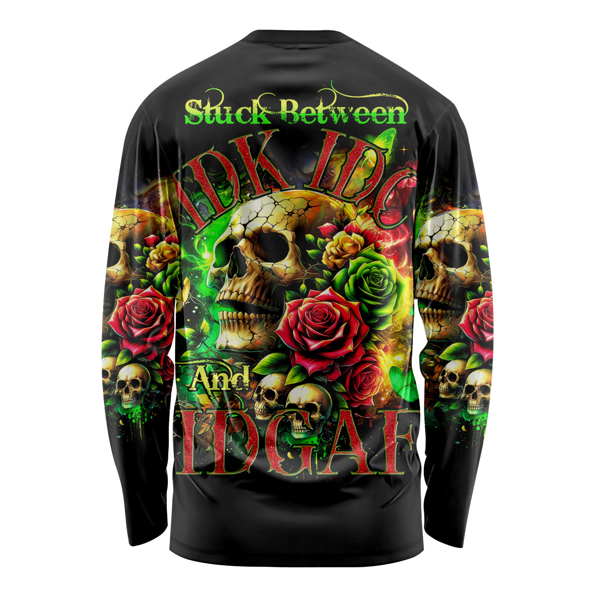 Black long-sleeve shirt with colorful skull, roses, and text graphic on back.