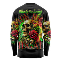 Black long-sleeve shirt with colorful skull, roses, and text graphic on back.