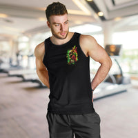 Men's black tank top with small green skull-and-rose graphic on chest