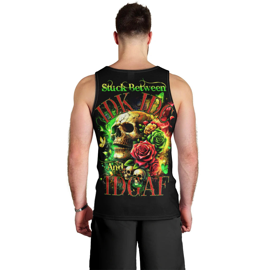 Men's black tank top, back print with skull, roses, and colorful text
