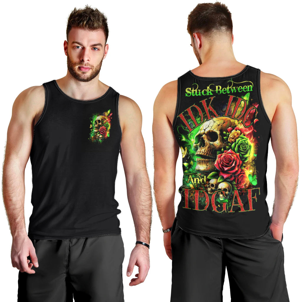 Men's black tank top set, front and back views with skull-and-rose graphics