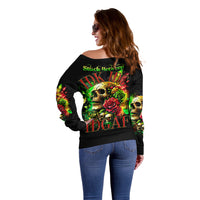 Women’s black off-shoulder sweater with skull and rose back graphic, long sleeves (side back)