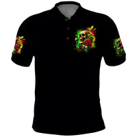 Black polo shirt with front skull-and-roses chest graphic and matching sleeve print