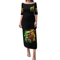 Black short-sleeve long dress with rose skull graphic on front and hem