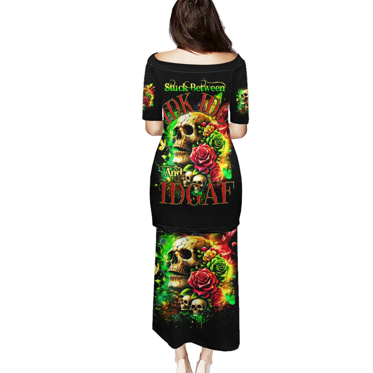 Black long dress with skull and rose graphic print, short sleeves, back view